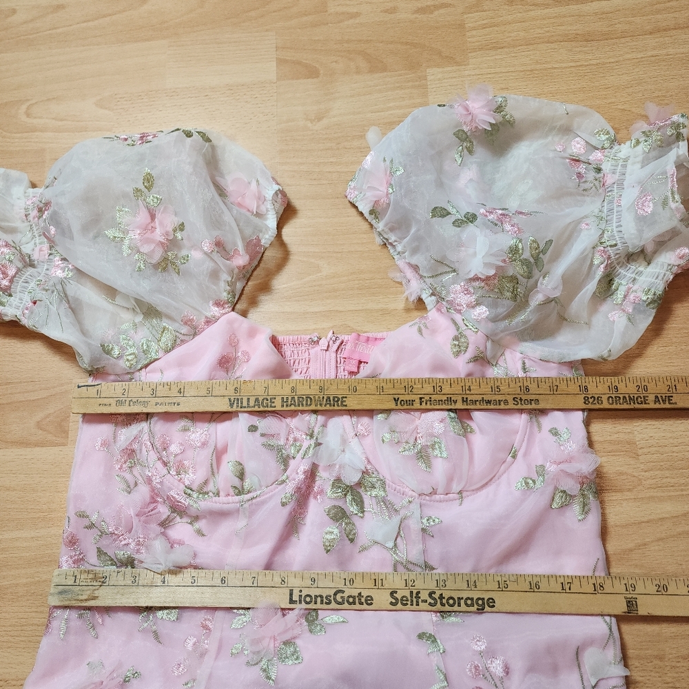 Sugar Thrillz 3D Floral Pink Green Puff Sleeve Mini Dress Size 1X Fairy Coquette - Picture 8 of 16